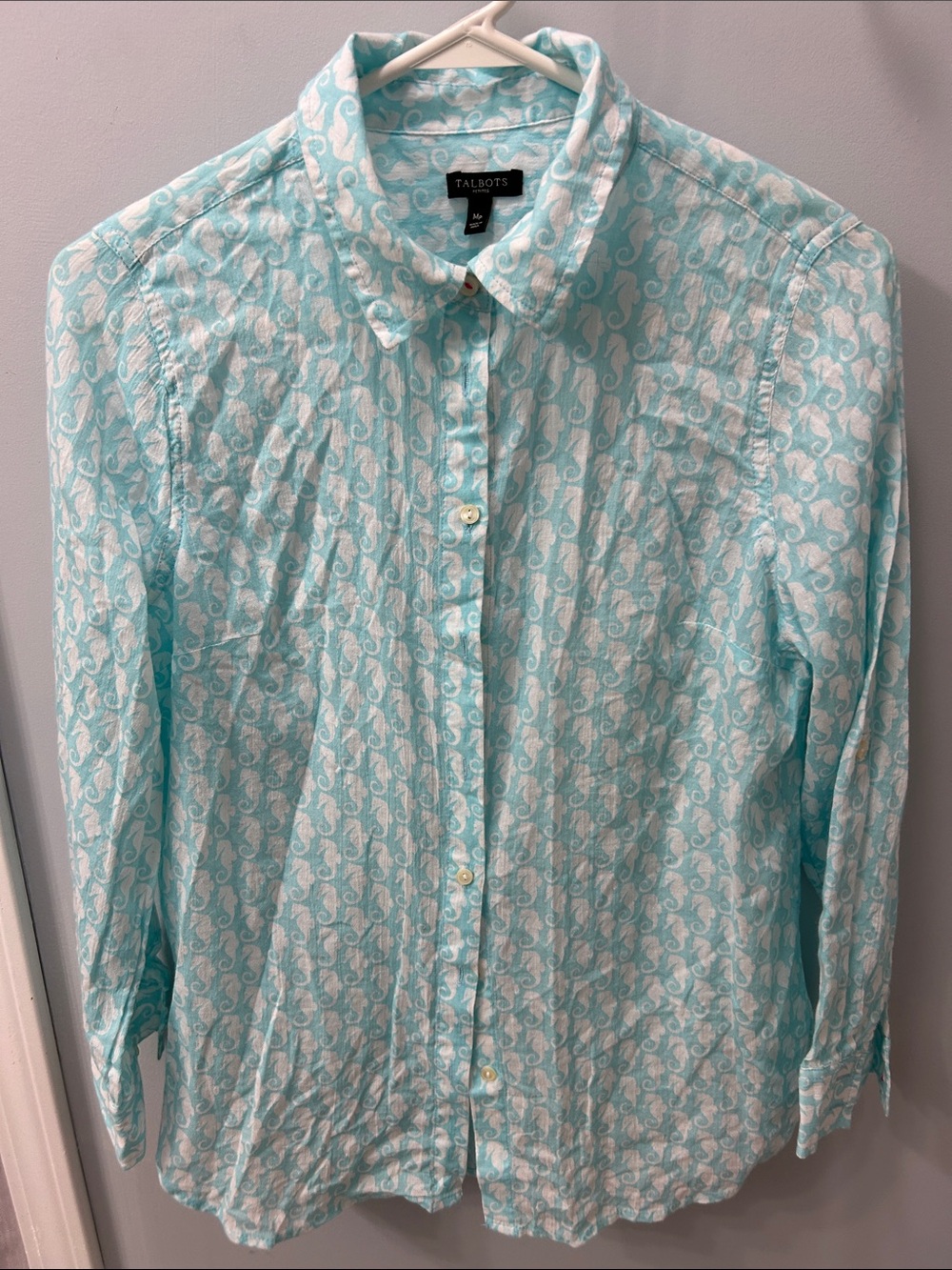 Talbots Light Aqua and White Seahorse Print Button-Down Shirt